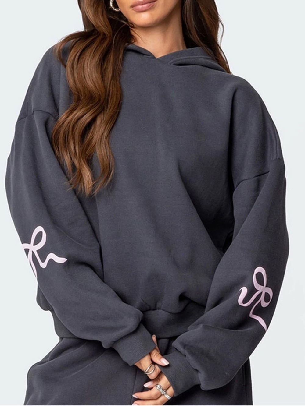 NWOT Edikted Bonney Bow Detail Hoodie Size Medium in Dark Grey